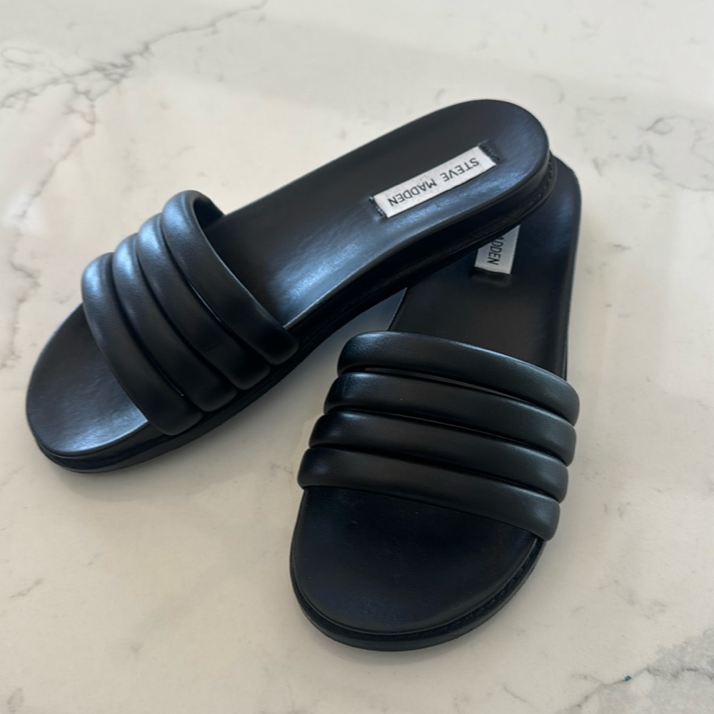 Steve Madden Black Puffy Slides